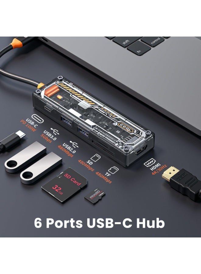 بورترونيكس Portronics MPort View Two 6-in-1 USB Type-C Hub Dock,100 W Type-C PD&Data, USB 3.0 SuperSpeed, USB 2.0,SD and Micro SD, 4K HDMI,Transparent Case for Laptop, PC & More(Black) - Image 2